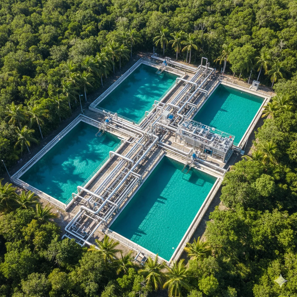 Planta de tratamiento de agua industrial rodeada de vegetación tropical